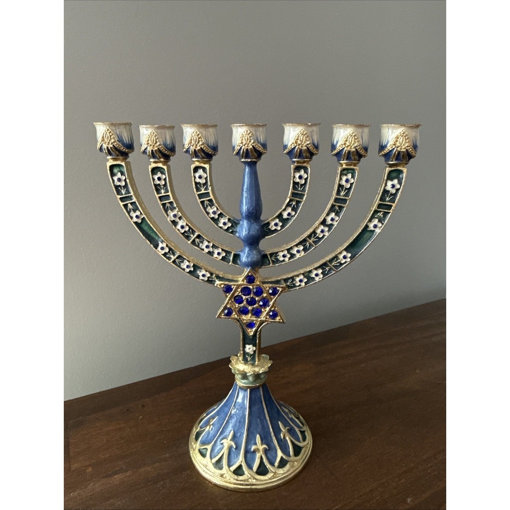 Hand Painted Enamel Menorah Candelabra Blue And Gold Floral Design